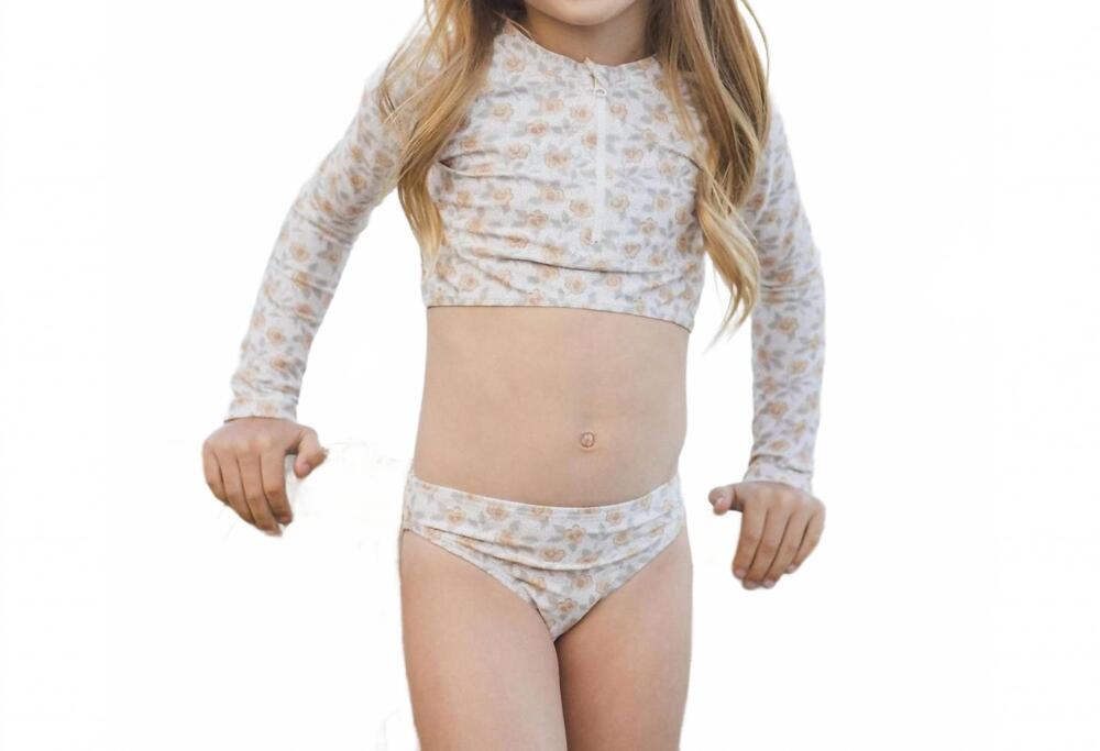 NEW RYLEE + CRU girl's crop rashguard set in yellow floral